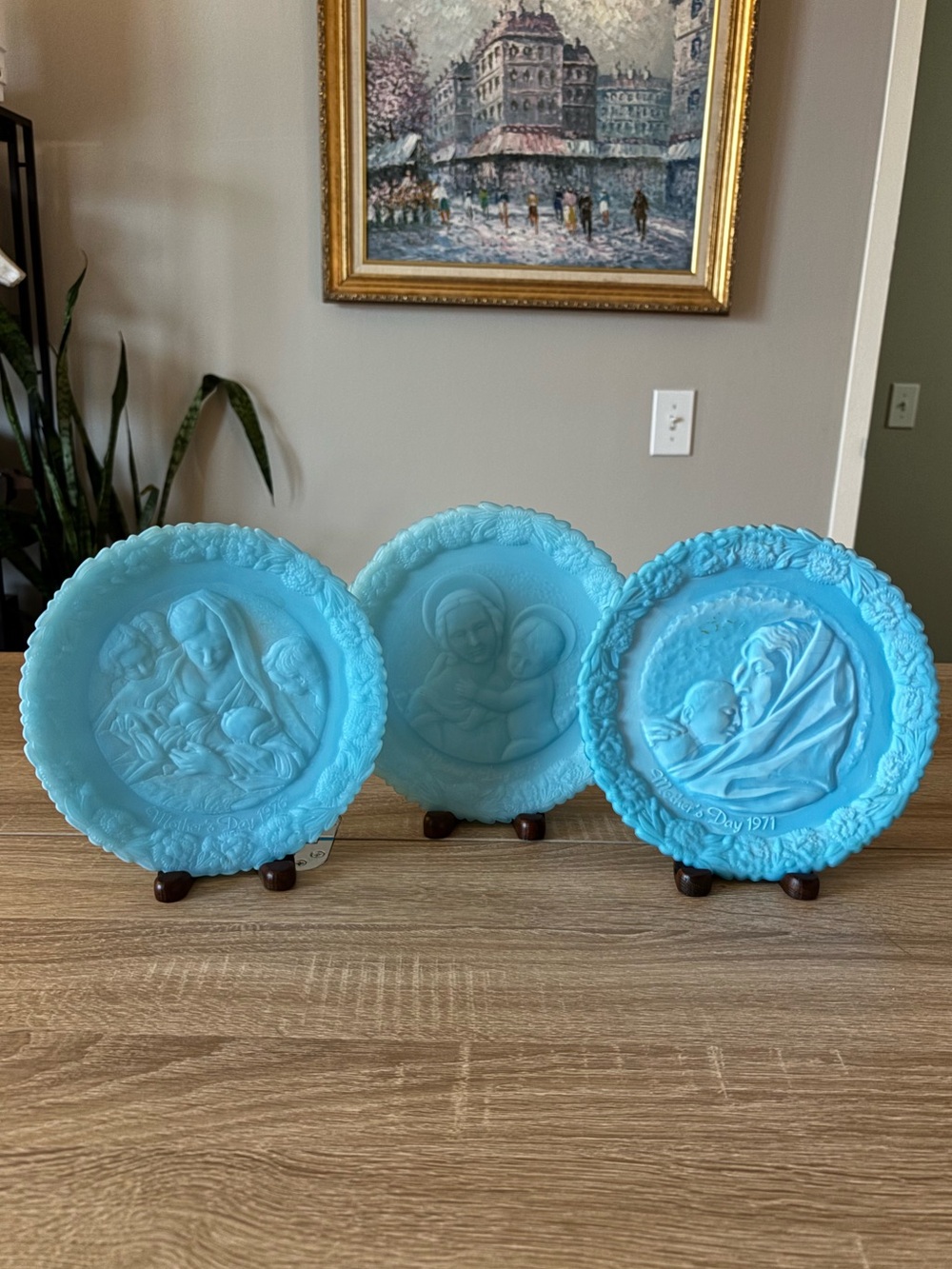 Set of 3 - Vintage 1970s Fenton Blue Satin Milk Glass Mother’s Day Plates